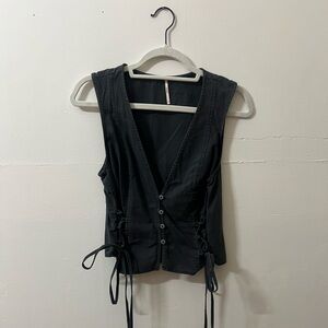 Free People Black Sleeveless V-Neck Blouse
